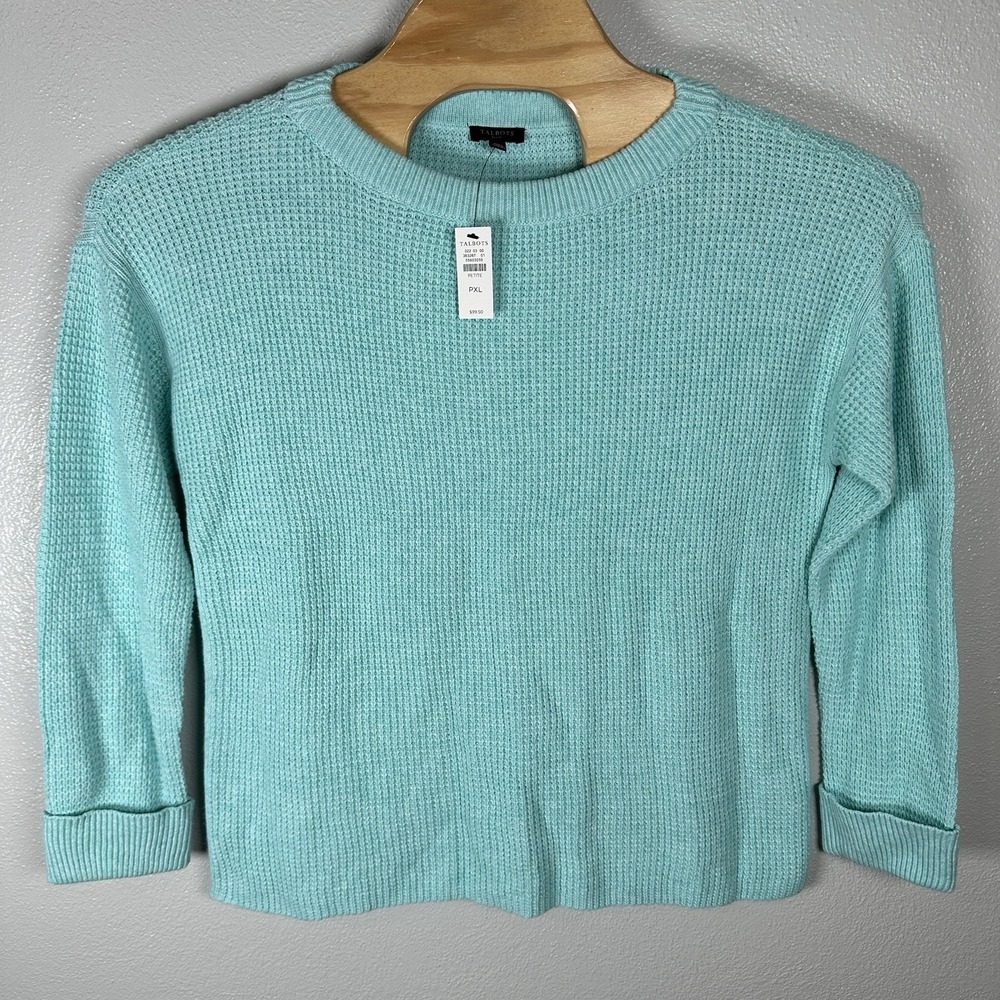 Talbots Waffle Knit Crewneck‎ Sweater Pullover XLPetite Aqua Cotton Merino Wool